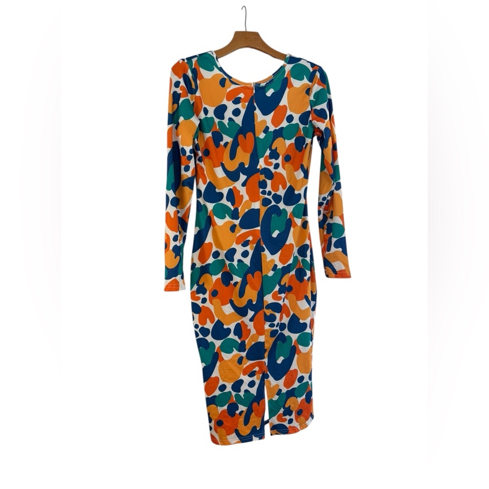Colorful Abstract Print Dress Bodycon Size M Long Sleeve